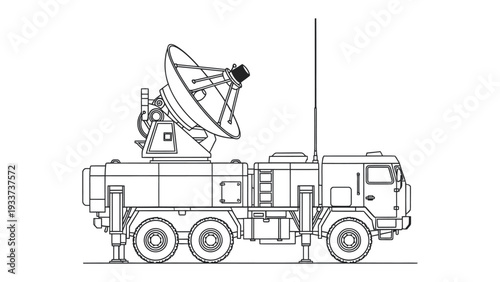 Satellite Communication Vehicle: A detailed line drawing showcases a state-of-the-art satellite communication vehicle, equipped with advanced radar technology for seamless data transmission.