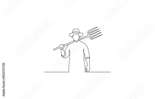 Farmer with Pitchfork Vector Illustration, Simple Line Art, Rural Life Design