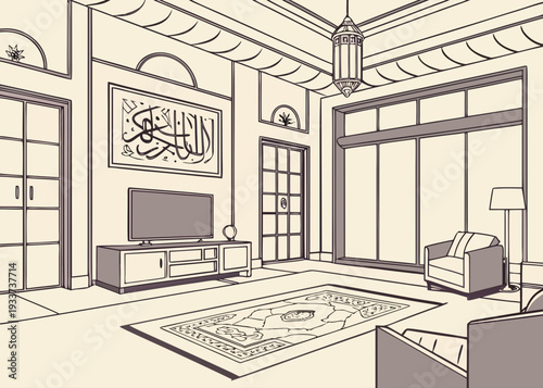 A spacious living room with a fireplace and a large window overlooking a garden isolated on transparent background, isolated on white background, Vector