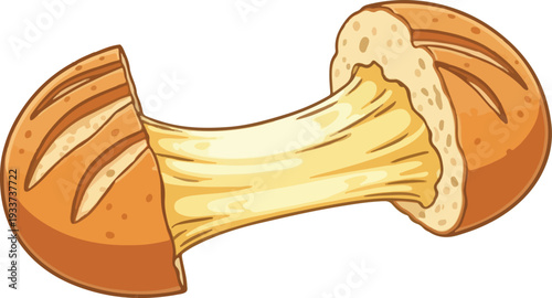 Indulge in the flaky, cheesy goodness of a freshly baked croissant, broken in half to reveal its soft interior