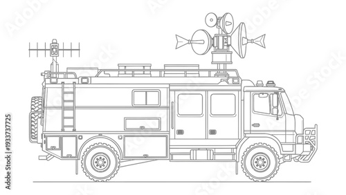 Military Communication Truck: A detailed illustration of a specialized military truck, equipped with antennas, radars, and communication devices.