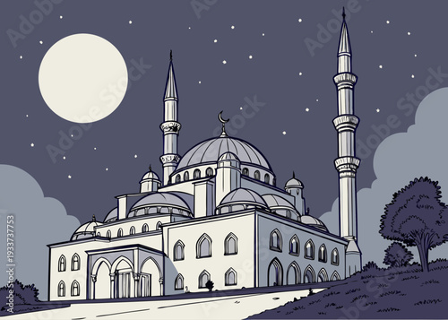 Mosque under the moonlight with minarets reaching towards the sky isolated on transparent background, isolated on white background, Vector