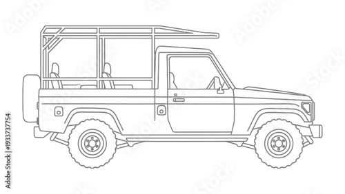 Automobile Contour Illustration: A clean, sleek monochrome illustration of a rugged vehicle, showcasing its design and details with precision.