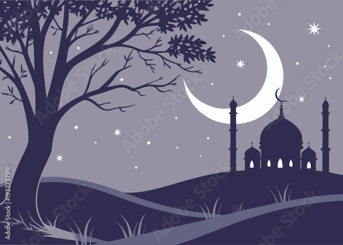 A serene night landscape with a crescent moon and a solitary tree isolated on transparent background, isolated on white background, Vector