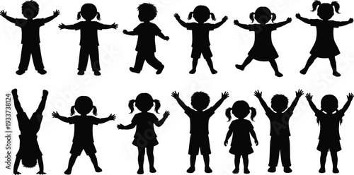 Black silhouettes of happy children playing, jumping, and dancing in diverse poses, isolated kids vector illustrations for youth and education