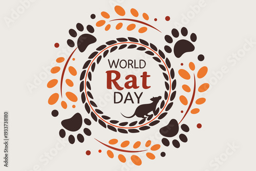 A charming vector graphic illustration celebrating World Rat Day with a cute rat silhouette, festive paw prints, and autumnal leaf-like decorative elements for event designs.