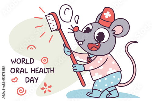 This charming vector illustration features a happy cartoon mouse dentist cheerfully promoting world oral health day with a sparkling toothbrush design