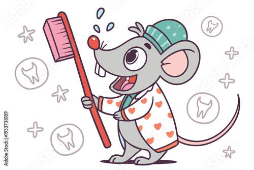 Adorable cartoon mouse character wearing pajamas and a nightcap happily holding a large toothbrush ready for morning dental hygiene routine illustration