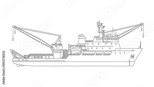 Oceanographic Vessel: A detailed line drawing of a sophisticated oceanographic vessel, meticulously rendered to highlight its complex design and functionality.