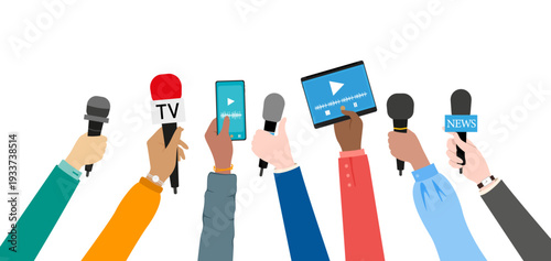 Hands up with a smartphone, microphone and pad. Journalists share the latest or hot news live, livestream. Vector concept of interview or press.
