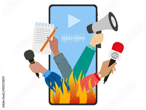 Hot news in social media. Hands with a speaker, microphone and notepad among a fire. Journalists share the latest or hot news live, livestream.