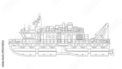 Marine Vessel Blueprint: A detailed blueprint of a robust marine vessel, showcasing its structural elements and mechanical components with meticulous precision.