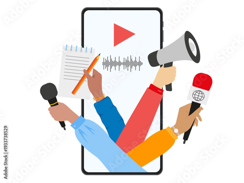 News in social media. Hands with a speaker, microphone and notepad among a fire. Journalists share the latest or hot news live, livestream.