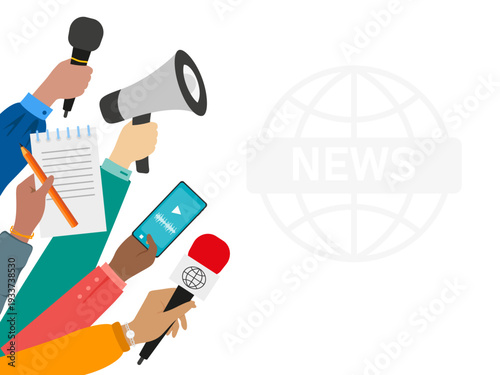Hands with a speaker, microphone and notepad. Journalists share the latest or hot news live.
