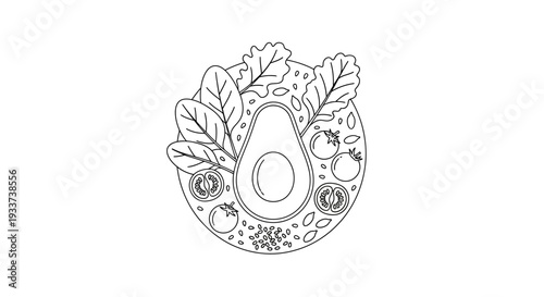 Avocado Salad Bowl Line Art Icon: Healthy Food, Fresh Ingredients, Vector Illustration