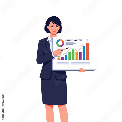 Businesswoman holding chart and graph display.