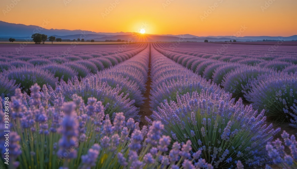Obraz premium Lavender field at sunset with purple flowers stretching to distant hills