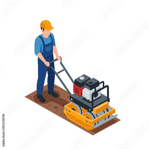 Man Operating Plate Compactor on Ground.
