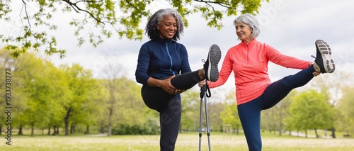 Wallpaper Mural Senior women stretching legs in park. Diverse elderly friends doing warm up exercise together outdoors Torontodigital.ca
