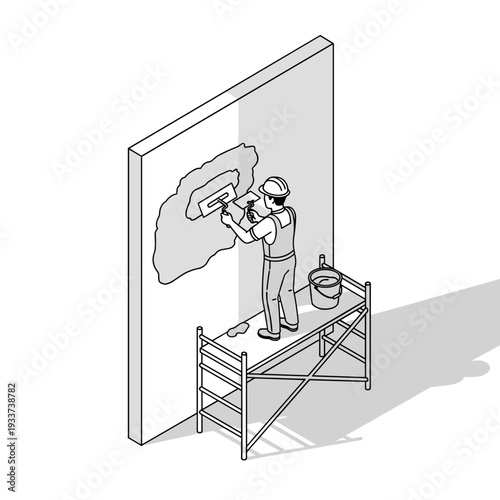 Man Painting Large Wall on Scaffolding.