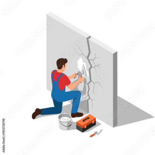 Man Repairing Cracked Wall with Spackling Compound.