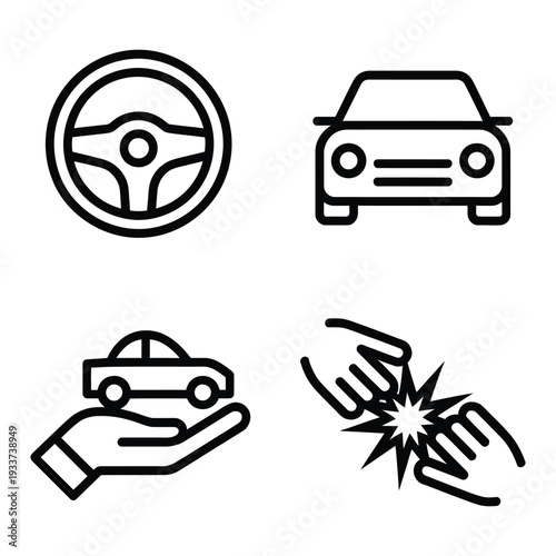 Car and driving icons: steering wheel, car front, hand holding car, car collision. Vector graphics for automotive and transport themes.