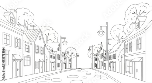 Charming village street scene, hand-drawn sketch with quaint houses and trees.