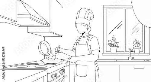Chef Cooking in Kitchen - Line Art Illustration