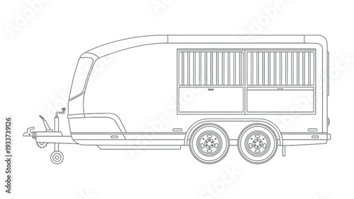 Cargo Trailer Outline: A detailed line drawing of a cargo trailer, highlighting its structure, wheels, and tow hitch, perfect for illustrating transport or logistics.