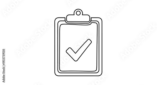 Clipboard with check mark, hand-drawn outline icon, concept of task completion