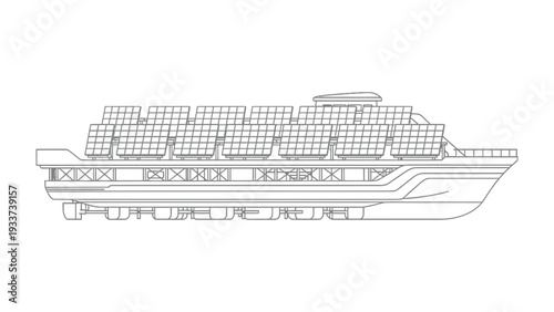 A Cargo Ship Powered by Solar Energy: The modern cargo ship, equipped with extensive solar panels, efficiently transports goods across oceans while harnessing clean, renewable energy.