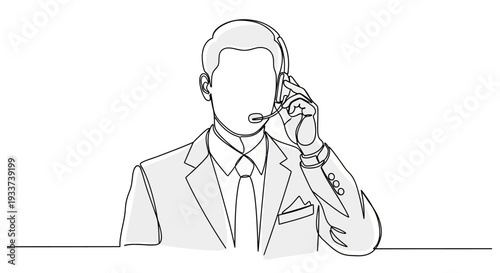 Continuous line drawing of a businessman wearing a headset, customer service concept.