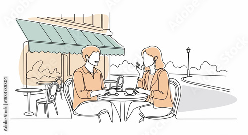 Couple enjoying coffee at outdoor cafe, line art illustration