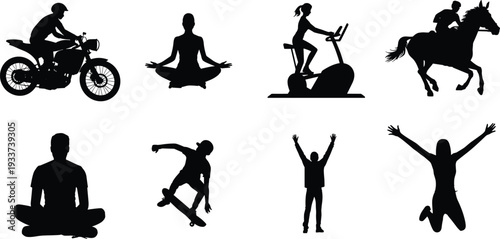 Collection of black silhouettes featuring motorcycle riding, yoga, gym exercise, horse riding, skateboarding, and people jumping on white background isolated.
