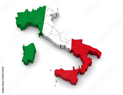 3D render of the Italian peninsula and islands. Green, white, red color scheme. Shadow