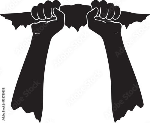 Black Silhouette of Fists Ripping Paper, Symbol of Strength and Protest