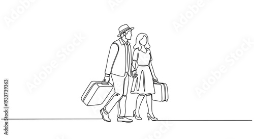 Couple Walking with Luggage, Minimalist Line Art Illustration