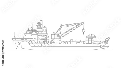 Industrial Vessel Blueprint: A detailed outline of a massive industrial vessel, showcasing its intricate machinery and robust structure, poised at sea. 