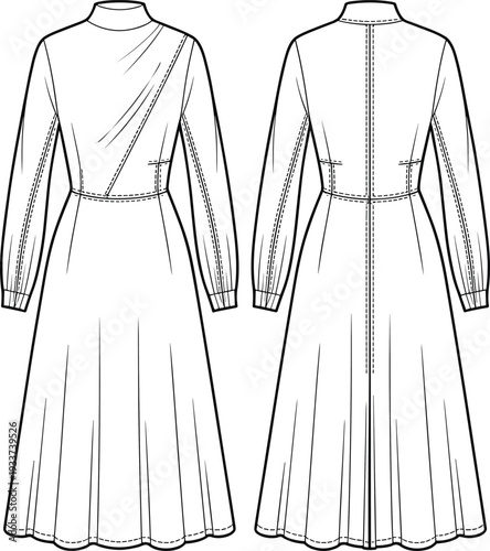 Fashion dress illustration, technical sketch, garment design, sewing pattern, long sleeve dress, high neck style, bodice detail, flared skirt, couture inspiration, vector artwork