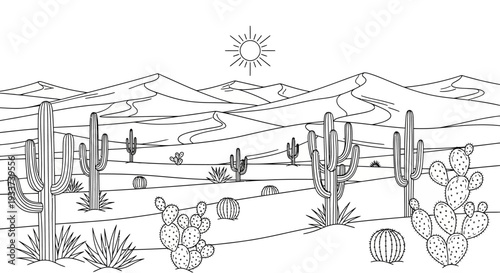 Desert Landscape Line Art: Cacti, Dunes, and Sun in Outline