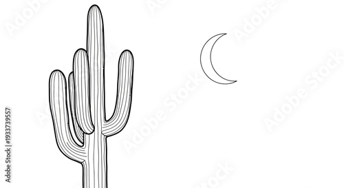 Desert Night Scene: Saguaro Cactus and Crescent Moon Outline
