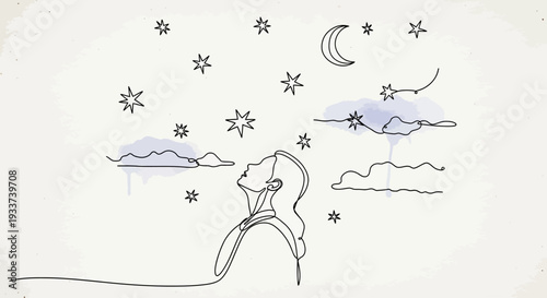 Dreamy Night Sky Illustration: Woman Gazing at Stars and Moon