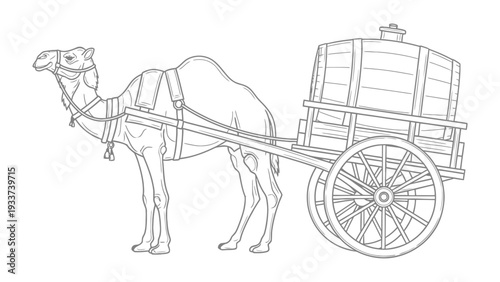 Camel with Cart: A detailed outline depicts a sturdy camel harnessed to a wooden cart, transporting a large water container, offering a glimpse into a traditional mode of transport.