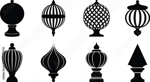 Finial silhouettes, decorative designs, architectural elements, ornamental tops, furniture embellishments, curtain rod finials, artistic catalog, vector graphics, decorative arts, design inspiration