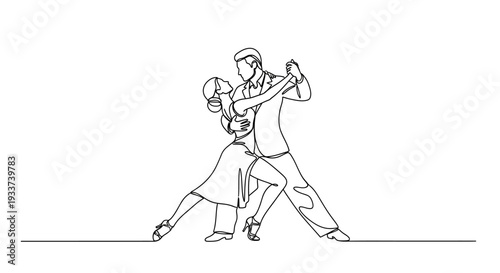 Elegant Couple Dancing Tango, Continuous Line Art, Romance and Passion