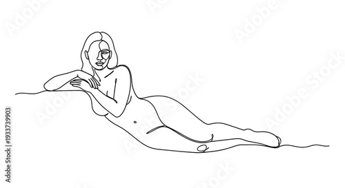 Elegant Nude Woman Line Art, Posing Gracefully on White Background