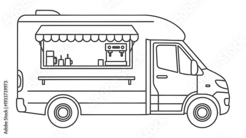 Mobile Culinary Hub: A minimalist line drawing showcases a food truck, ready to serve culinary delights on wheels, a symbol of modern street food culture.