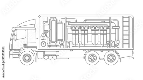 Industrial Truck Conveyance: A meticulously illustrated diagram showcases a specialized industrial truck. Every detail of the vehicle's mechanics and internal components is rendered with precision.