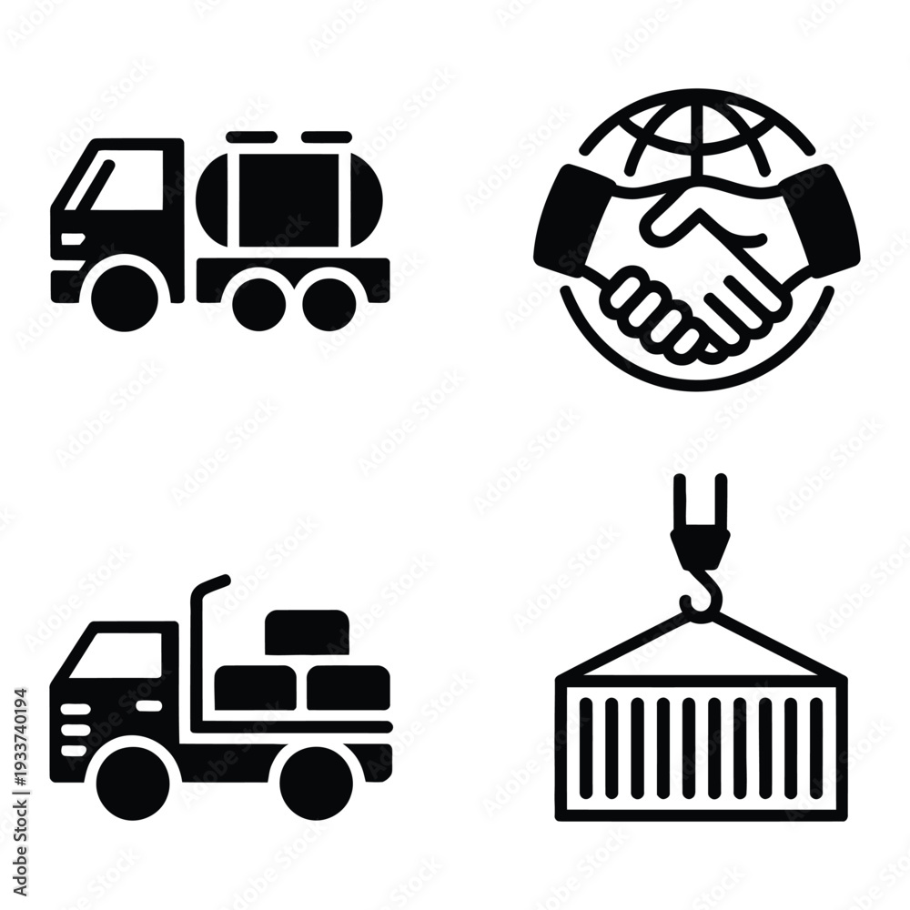 custom made wallpaper toronto digitalLogistics and global trade icons: truck, handshake, shipping container, and globe