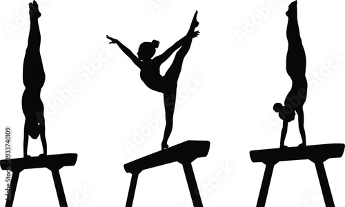 Gymnast silhouettes, balance beam routine, athletic performance, sports illustration, flexibility poses, strength artwork, gymnastics vector, competitive sport design, artistic catalog